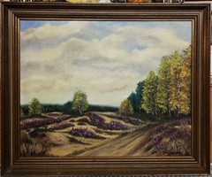 In a lavender field - marked, beautiful oil painting ( km: 49 x 59 )