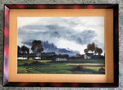 Weintráger adolf : village end 1968 labeled oil painting painting picture original frame
