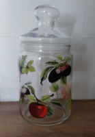 Retro, vintage, old, Transylvanian glass spice holder, decorated with a fruit sticker, with an aroma-sealing roof