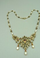 Antique diamond-ruby-biwa pearl 14 kr. Gold collier. With certificate