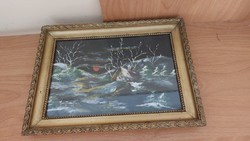 (MLF) Tájkép kis házikóval festmény 31x29 cm kerettel (XVSD)