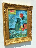 Tabletop still life, with green glass, 70x50 oil on wood panel