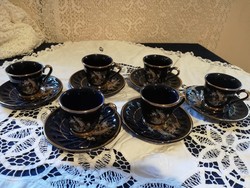 Old ceramic royal bird decorated cobalt blue gilded coffee and chocolate set 6 sets for sale!