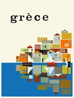 Retro utazási nyaralási hirdetés Görögország 1960 plakát reprint tengerpart kisváros minimalista