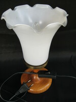 Flower-shaped lamp with wooden base and glass shade
