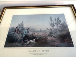 Rabbit hunting, 42 x 31 cm hunting scene graphic print, under glass, in an elegant frame