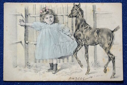 Antik  grafikus üdvözlő  képeslap kisleány  kicsi lóval