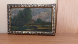 Apró kis tájkép festmény kis tanyával 26x16 cm kerettel (XVSD)
