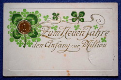 Antik dombornyomott Újévi üdvözlő litho képeslap  lóhere aranypénz