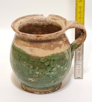 Folk, green, white glazed ceramic belly mug (2276)