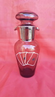 Art Deco Smoke Color 2 Sided Pouring Glass Bottle with Glass Stopper French Card Motif