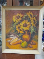 Sunflower oil canvas still life painting.