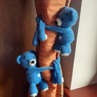 Pair of blue amigurumi bear curtain ties