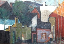 Kovács Sándor (1914-): Szentendre, 1968 - képcsarnoki olajfestmény, eredeti keretezésben