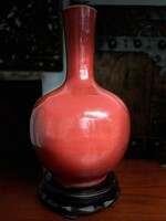 Bull's blood Chinese ceramic vase with mahogany wood base, Oriental, Asian, Japanese