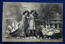 Antik Húsvéti üdvözlő fotó képeslap  gyerekek csibék