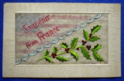 Antique french greeting card silk embroidered framed batiste with usa flag underneath