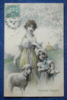 Antik MM Vienne Wichera grafikus Húsvéti üdvözlő képeslap anya kisleány bárány