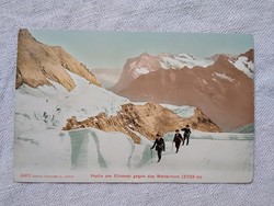 Antik színezett képeslap Svájc havas hegyek, Wetterhorn, hegymászók 1911