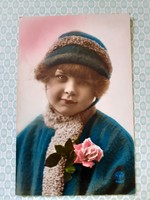 Old photo postcard little girl with rose vintage postcard