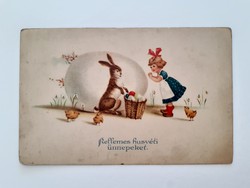 Régi húsvéti képeslap rajzos levelezőlap nyuszi tojás kislány
