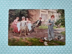 Old postcard with spring scene postcard with pigeons and ladies