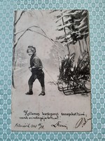 Old Christmas photo postcard 1903 little boy sled postcard