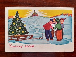 Old Christmas postcard picture postcard of little boys with a sleigh and a Christmas tree