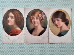 Régi képeslap női portré medalionos vintage levelezőlap 3 db