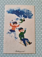 Old New Year's postcard 1968 picture postcard of children sledding