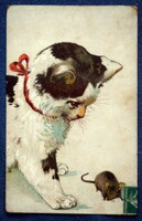 Antik grafikus üdvözlő litho képeslap cica egérrel