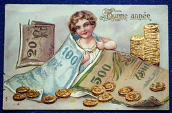 Antik  dombornyomott Újévi üdvözlő képeslap kisgyerek aranypénz