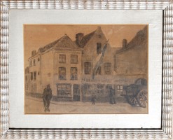 Sándor Teplánszky (1886-1944): street scene with passers-by, Bruges, 1911 - original graphic, framed