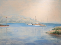 Balaton boats (58.5x43.5 cm + frame) harbor, lake landscape, panoramic view