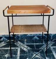 Rare raffia small wrought iron table, telephone table with newspaper holder, solid wood sheet Óbuda v posta too