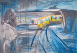 The tram is coming! - Contemporary modern oil painting, shades of blue