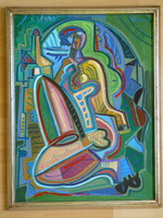 KOZMA ISTVÁN (1937-2020) "KUBISTA  AKT" 80X60 CM, OLAJ, VÁSZ. FESTMÉNY, TÖBBSZÖR KIÁLLÍTOTT FŐMŰ!!!