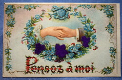 Antique Embossed Greeting Litho Postcard Hand Holding Satin Violet Floral Lettering Forget-me-not