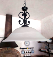 Szarvasi wrought iron and glass chandelier, lamp, pendant, with glass shade, in perfect condition