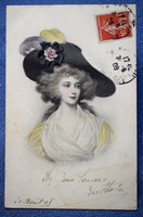 Antik MM Vienne üdvözlő képeslap kalapos hölgy portréja