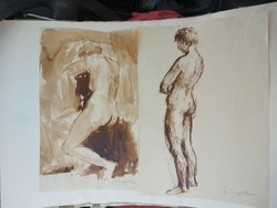 Sümegi vera walnut stain watercolor painting, nude, size approx. A4, and an ink drawing