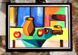 Magyar művész: Asztali csendélet gyümölcsökkel - kortárs festmény keretezve