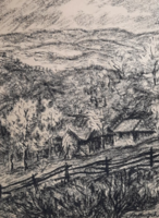 István Bede: early spring in the beech, 1967 (charcoal drawing in frame 47x40 cm) cottages in the mountains, nature