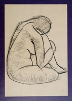 Hungarian artist: seated nude - unique graphic, framed
