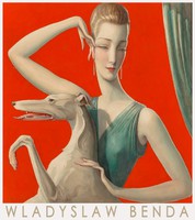 Wladyslaw Benda 1920 art deco festmény művészeti plakátja, elegáns hölgy nő portré agár kutya