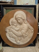Ceramic wall decoration for wood, 55 x 45 cm work, Mary with baby Jesus.