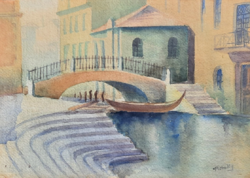 Pataky László: Velencei látkép gondolával (akvarell) utcakép, Olaszország