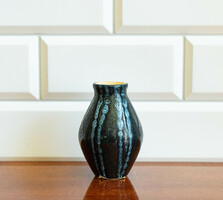 Jelzett Tófej retro kerámia váza – kis kék-fekete váza