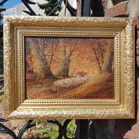 Gutaházy Németh Gyula: Juhnyáj az erdőben. Olaj, fa 23 x 33 cm, festmény, tájkép, aranyos képkeret