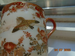 Antik Kutani aranybrokát kézzel festett madár, virág  mintás kávés csésze